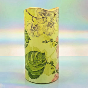 Flameless pillar candle, Floral LED decorative shimmering candle, unique gift, night light, home decor