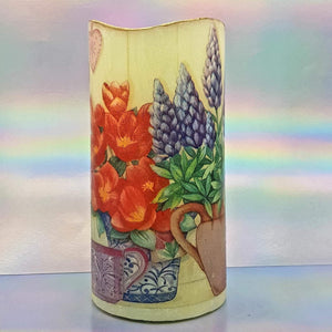 Shimmering LED pillar candle, Flameless pot of blooming spring flowers pillar candle, unique home decor, gift