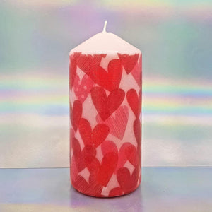 Large decorative love pillar candle and two heart charm bracelets, Unique Valentine&#39;s gift for him, her