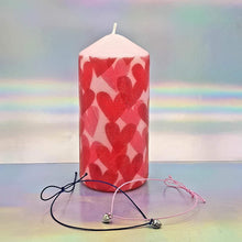 Load image into Gallery viewer, Large decorative love pillar candle and two heart charm bracelets, Unique Valentine&#39;s gift for him, her