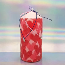 Load image into Gallery viewer, Large decorative love pillar candle and two heart charm bracelets, Unique Valentine&#39;s gift for him, her
