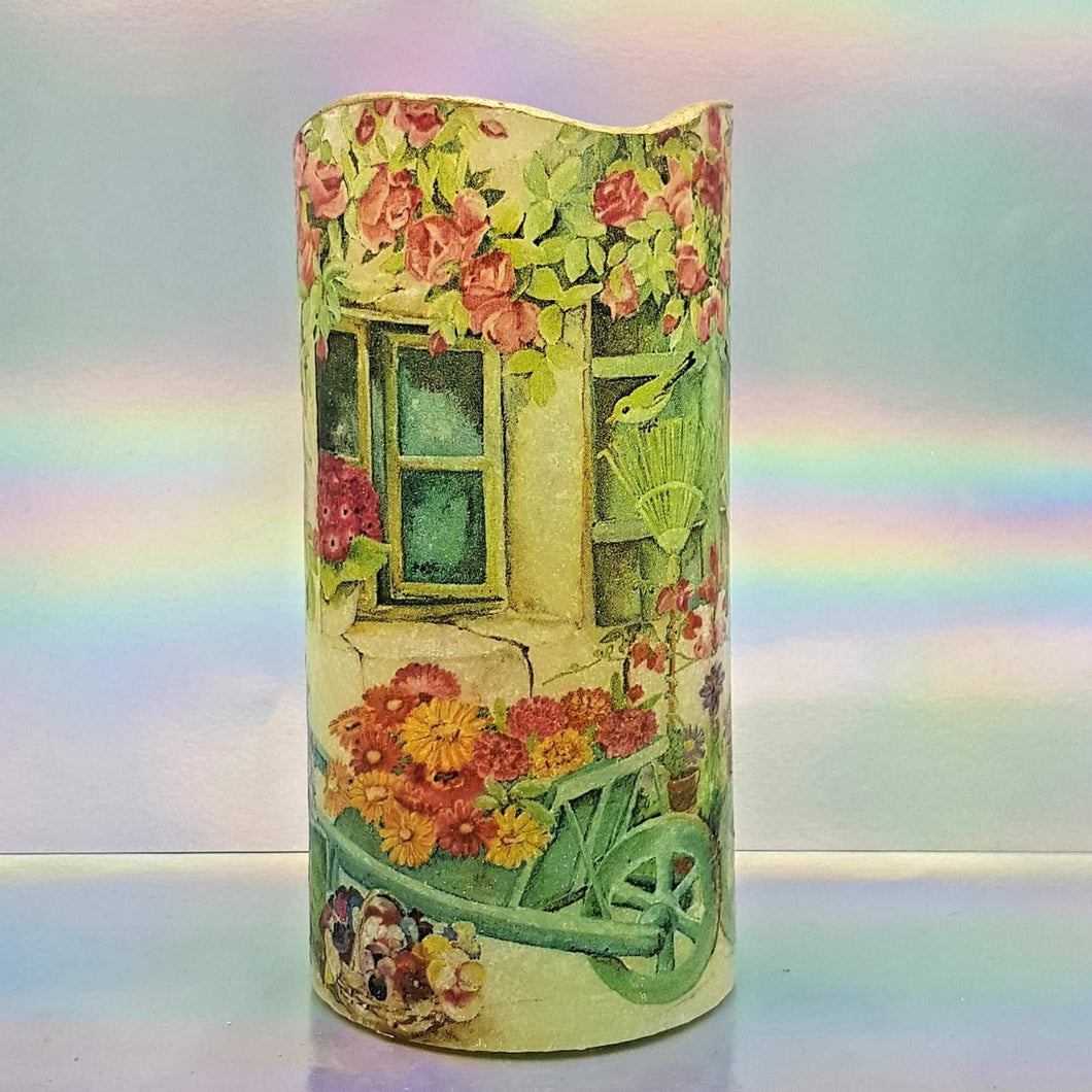 Shimmering floral LED candle, Flameless Sunny flowers pillar candle, unique home decor, gift for mom, mum
