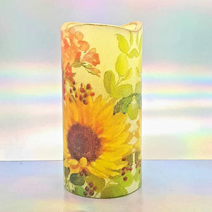 Shimmering LED candle, Flameless Sunny flowers pillar candle, unique home decor, gift