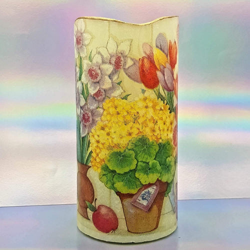 Shimmering LED pillar candle, Flameless pot of blooming spring flowers pillar candle, unique home decor, gift
