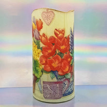 Load image into Gallery viewer, Shimmering LED pillar candle, Flameless pot of blooming spring flowers pillar candle, unique home decor, gift