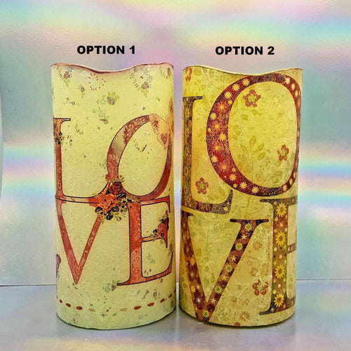 Valentine large flameless candles with all round image of Love floral image words
