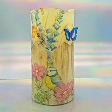 Load image into Gallery viewer, LED candle, Flameless floral birds shimmering flickering pillar candle, unique spring home decor, gift for her, mom, mum