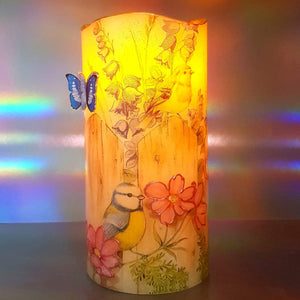 LED candle, Flameless floral birds shimmering flickering pillar candle, unique spring home decor, gift for her, mom, mum