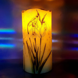 Floral LED candle, Flameless shimmering flickering pillar candle, unique spring home decor, gift for her, mom, mum