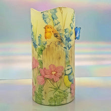 Load image into Gallery viewer, LED candle, Flameless floral birds shimmering flickering pillar candle, unique spring home decor, gift for her, mom, mum