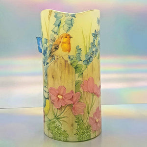 LED candle, Flameless floral birds shimmering flickering pillar candle, unique spring home decor, gift for her, mom, mum
