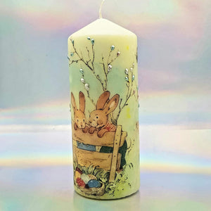 Decorative Easter pillar candle, Easter bunnies, Unique table centrepiece, home decor, gift for mother, her, birthday present