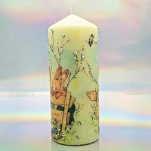 Load image into Gallery viewer, Decorative Easter pillar candle, Easter bunnies, Unique table centrepiece, home decor, gift for mother, her, birthday present