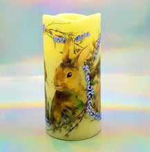 Load image into Gallery viewer, Easter bunny wreath LED pillar candle, unique shimmering and flickering flameless candle, Easter home decor, gift