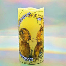 Load image into Gallery viewer, Easter bunny wreath LED pillar candle, unique shimmering and flickering flameless candle, Easter home decor, gift