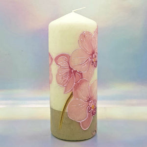 Decorative pillar candle,Pink orchids candle, Unique table centrepiece, home decor, gift for mother, her, birthday present