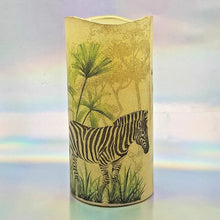 Load image into Gallery viewer, LED flameless pillar candle, African giraffe and zebra, Unique designer candle gift, home decor, memory gift