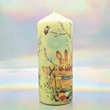 Load image into Gallery viewer, Decorative Easter pillar candle, Easter bunnies, Unique table centrepiece, home decor, gift for mother, her, birthday present