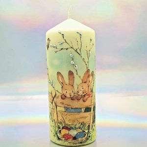 Decorative Easter pillar candle, Easter bunnies, Unique table centrepiece, home decor, gift for mother, her, birthday present