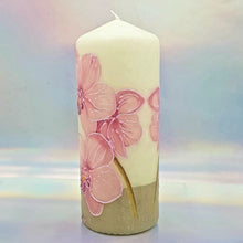 Load image into Gallery viewer, Decorative pillar candle,Pink orchids candle, Unique table centrepiece, home decor, gift for mother, her, birthday present