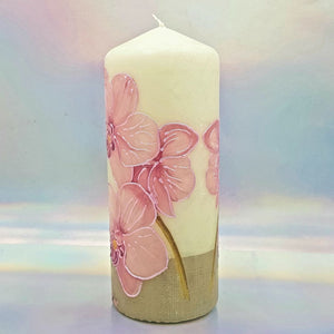 Decorative pillar candle,Pink orchids candle, Unique table centrepiece, home decor, gift for mother, her, birthday present