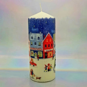 Decorative Christmas pillar candle, Christmas town square, Unique home decor, gift for mother, for sister, for her, him