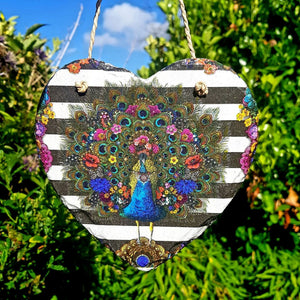 Slate hanging heart, Peacock wall decor, decoupage plaque, indoor, garden and outdoor decor, gift idea