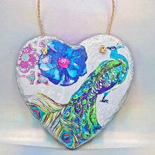 Load image into Gallery viewer, Hanging slate heart, Floral peacock wall decor, decoupage plaque, indoor, garden and outdoor decor, gift idea