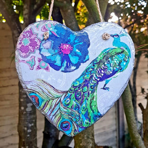 Hanging slate heart, Floral peacock wall decor, decoupage plaque, indoor, garden and outdoor decor, gift idea
