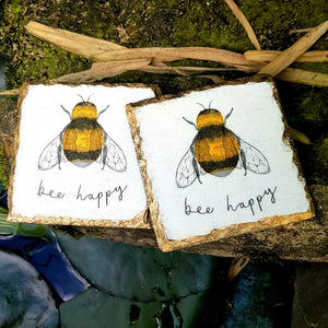 bee happy slate coasters, set of 2 coasters, gift for her,for him, for mother, gift box