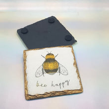 Load image into Gallery viewer, Bee Happy square slate coasters, letter box gift, set of 2 gift set for her, for him, for mother, for friend