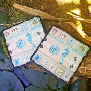 Seahorse slate coasters, home decor, letter box gift, set of 2, gift set for her, for him, for mother, for friend