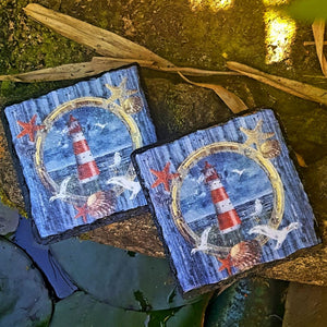 Red lighthouse slate coasters, home decor, letter box gift, set of 2, gift set
