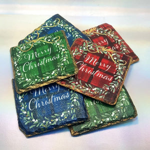 Christmas slate coasters, letter box Secret Santa gift, vintage Christmas set of 2, gift set for her, for him, for mother, for friend