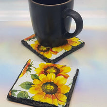 Load image into Gallery viewer, Sunflowers slate coasters set, tableware, home and garden decor, letter box gift, set of 2, housewarming gift set, pure love