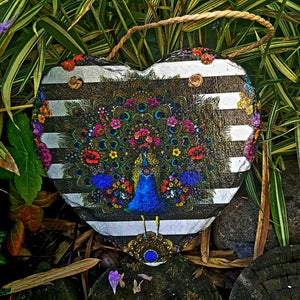 Slate hanging heart, Peacock wall decor, decoupage plaque, indoor, garden and outdoor decor, gift idea