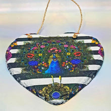 Load image into Gallery viewer, Slate hanging heart, Peacock wall decor, decoupage plaque, indoor, garden and outdoor decor, gift idea