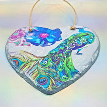 Load image into Gallery viewer, Hanging slate heart, Floral peacock wall decor, decoupage plaque, indoor, garden and outdoor decor, gift idea