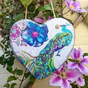 Hanging slate heart, Floral peacock wall decor, decoupage plaque, indoor, garden and outdoor decor, gift idea