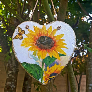 Slate hanging heart, Sunflower wall decor, decoupage plaque, indoor, garden and outdoor decor, gift idea