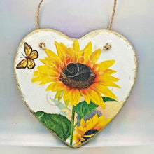 Load image into Gallery viewer, Slate hanging heart, Sunflower wall decor, decoupage plaque, indoor, garden and outdoor decor, gift idea