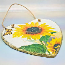 Load image into Gallery viewer, Slate hanging heart, Sunflower wall decor, decoupage plaque, indoor, garden and outdoor decor, gift idea