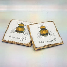 Load image into Gallery viewer, Bee Happy square slate coasters, letter box gift, set of 2 gift set for her, for him, for mother, for friend