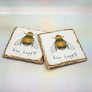 Bee Happy square slate coasters, letter box gift, set of 2 gift set for her, for him, for mother, for friend
