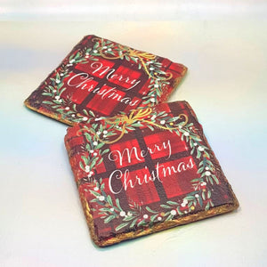 Christmas slate coasters, letter box Secret Santa gift, vintage Christmas set of 2, gift set for her, for him, for mother, for friend