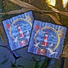 Load image into Gallery viewer, Red lighthouse slate coasters, home decor, letter box gift, set of 2, gift set