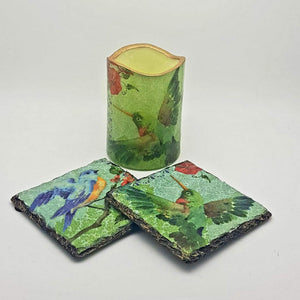 Pastel birds gift set, LED candle and slate coasters, housewarming gift set for her, for him, for mother, for friend