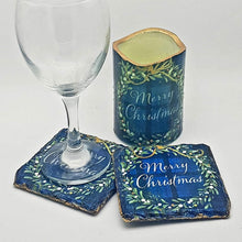 Load image into Gallery viewer, Christmas gift set, blue tartan LED candle and slate coasters, housewarming gift set for her, for him, for mother, for friend