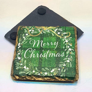 Christmas gift set, green tartan LED candle and slate coasters, housewarming gift set for her, for him, for mother, for friend
