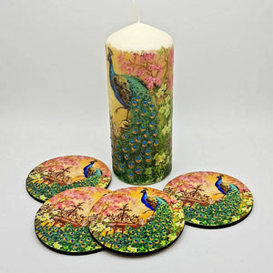 Peacock gift set, pillar candle and MDF coasters, housewarming gift set for her, for him, for mother, for friend
